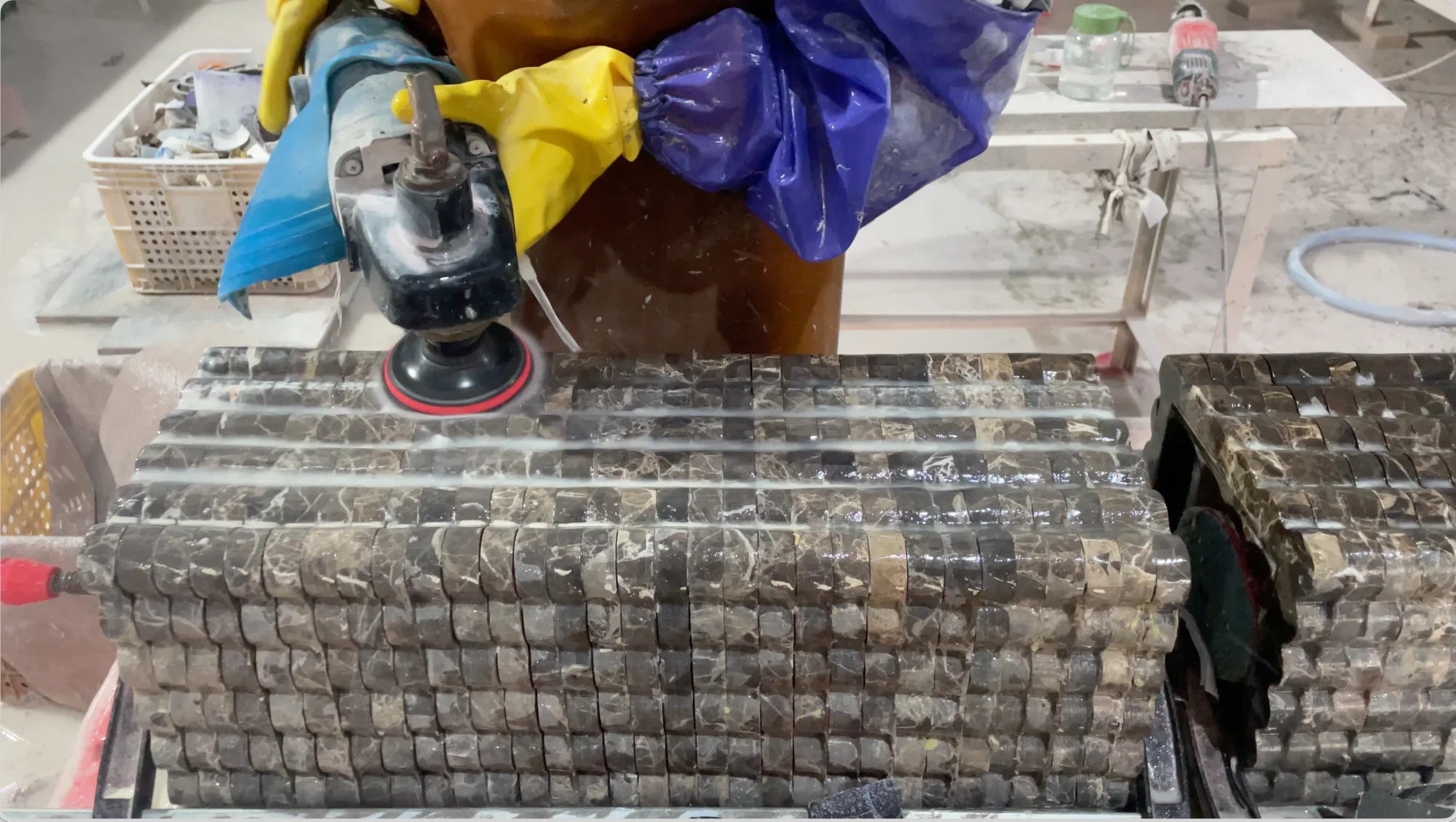 Custom surface finishing including polished and honed treatments for marble and travertine products