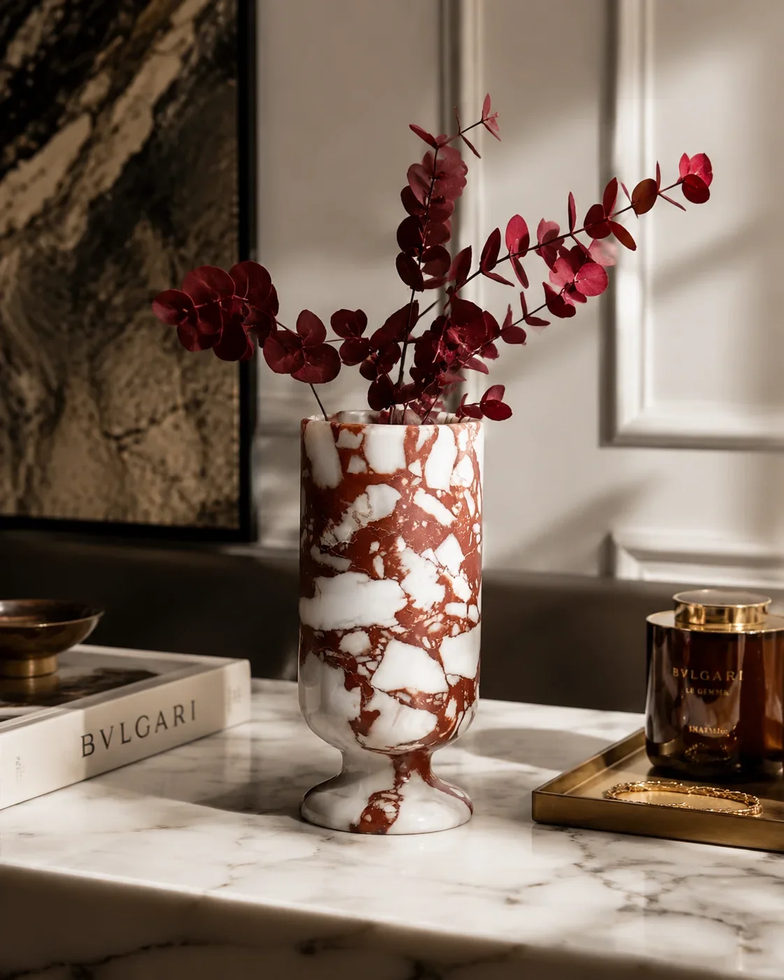 Solid carved marble and travertine cylinder vases for wholesale stone product programs China