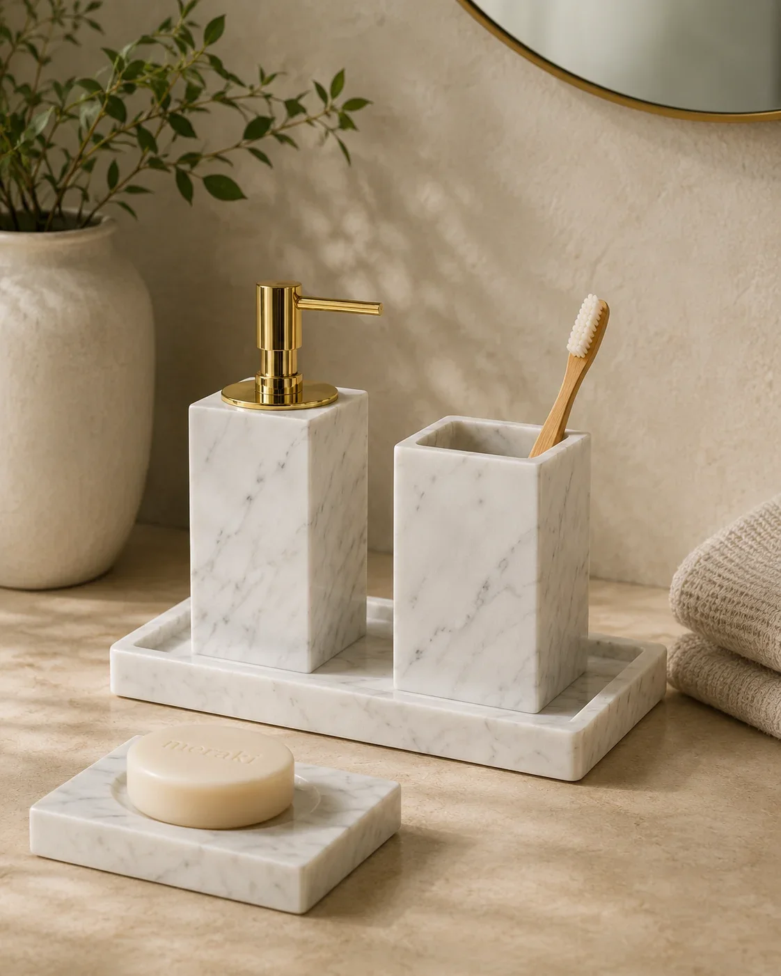 Marble bathroom accessory set including soap dispenser and toothbrush holder wholesale manufacturer China