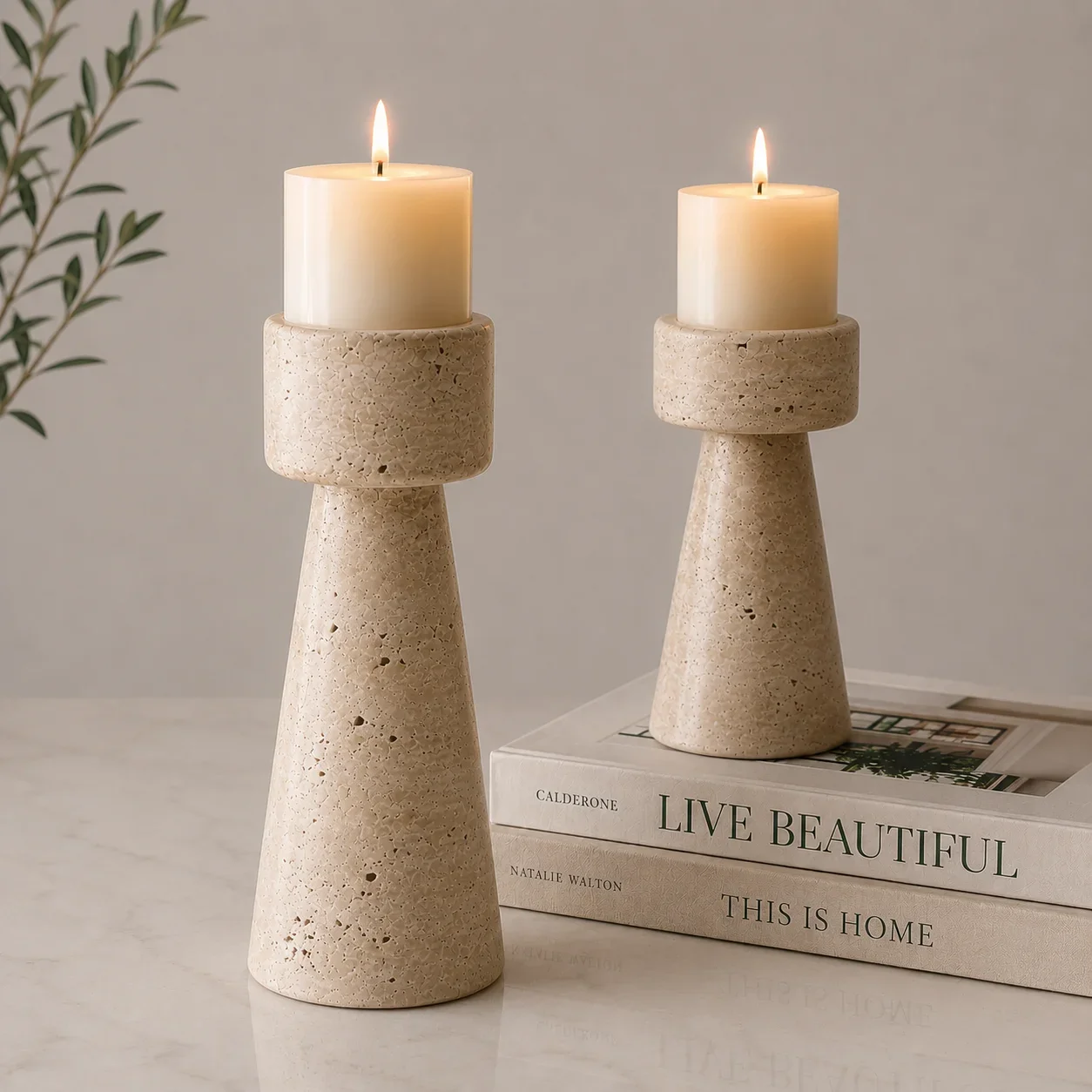 Solid travertine stone block candle holder for tabletop retail decor programs manufacturer China